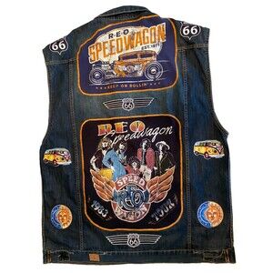 REO Speedwagon Denim Vest Men's 5XL Custom Tour T-shirt Patchwork Rock Biker Vtg